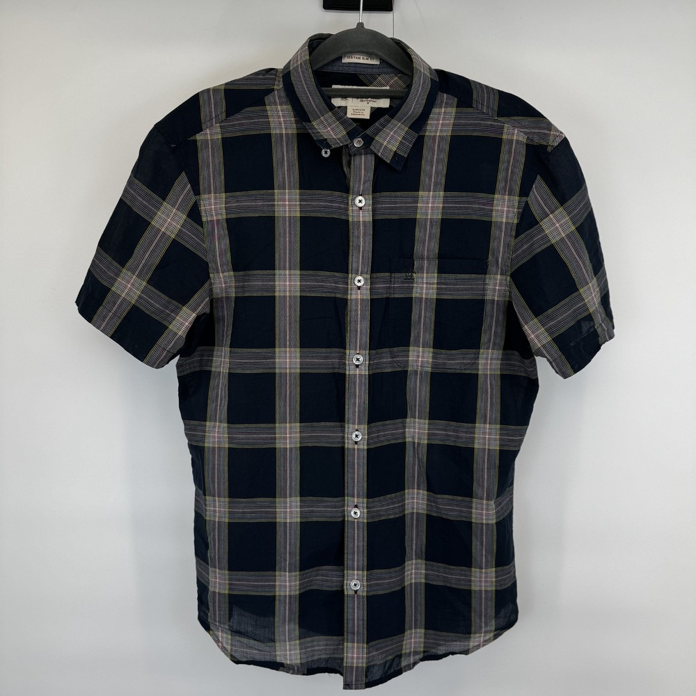 ORIGINAL PENGUIN Mens Shirt Small Blue Plaid Short Sleeve Heritage Slim Fit